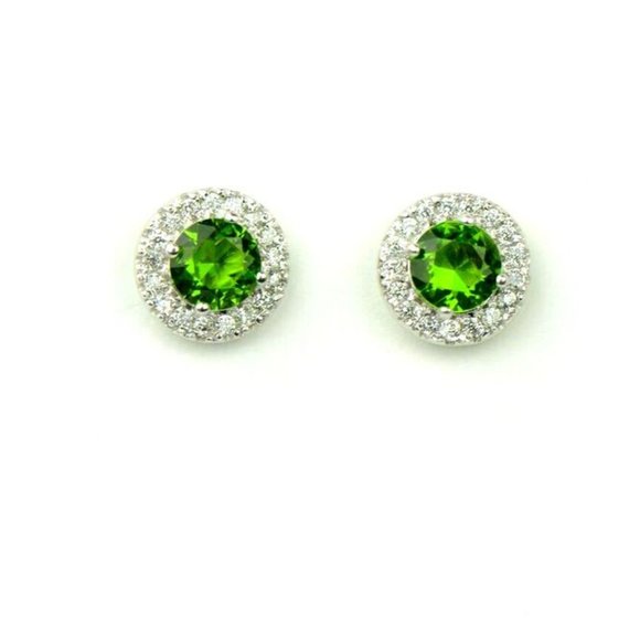Solid 14k White Gold Round Halo Stud Push Back Earrings With Sparkling Stones - Picture 6 of 10